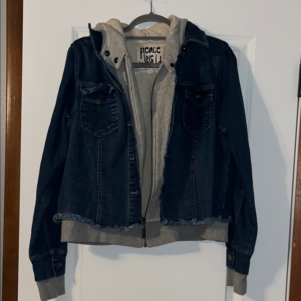 Peace Love World Jean jacket with gray hoodie liner
